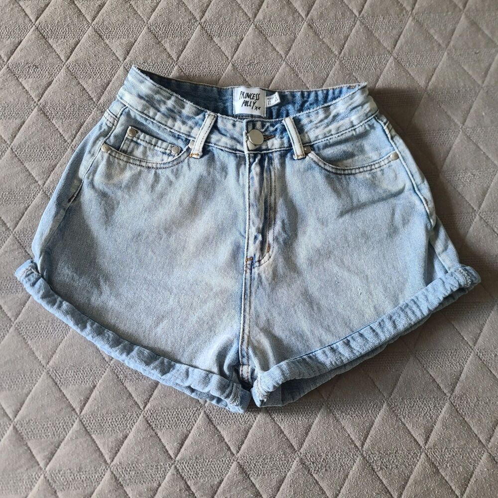 Princess Polly Denim Jean Shorts US Size 2 Light Wash High Waisted Rolled Cuff